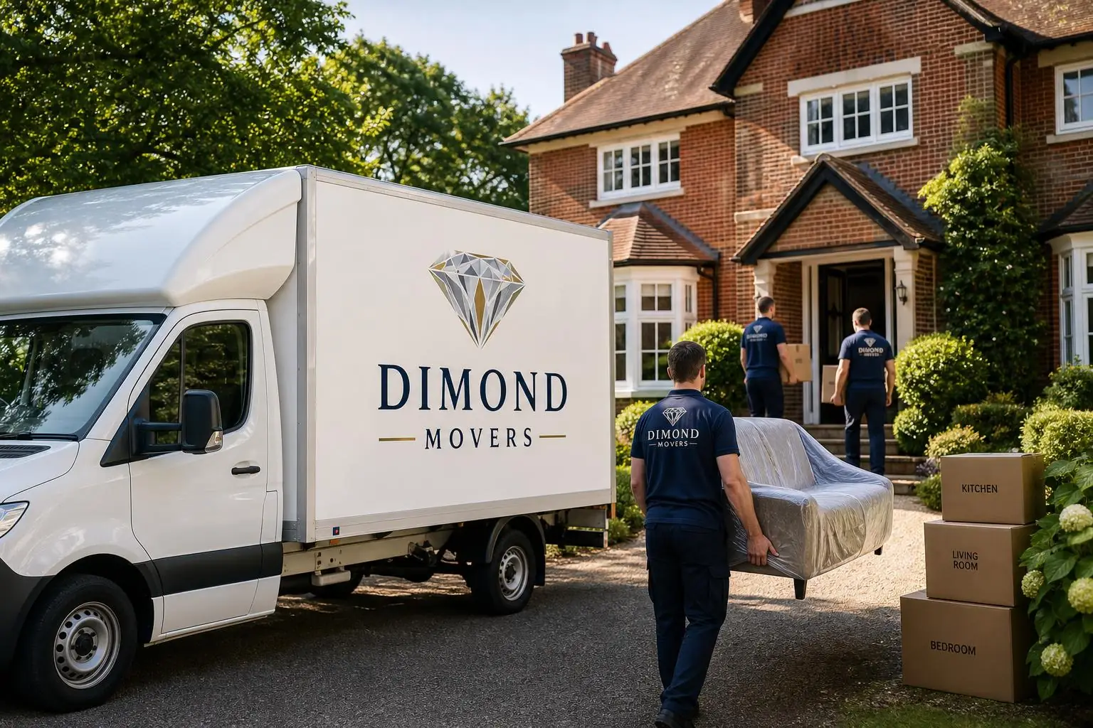 Uniformed Dimond Movers crew loading a wrapped luxury sofa into a branded Dimond Movers Luton van outside an elegant English red-brick mansion at golden hour