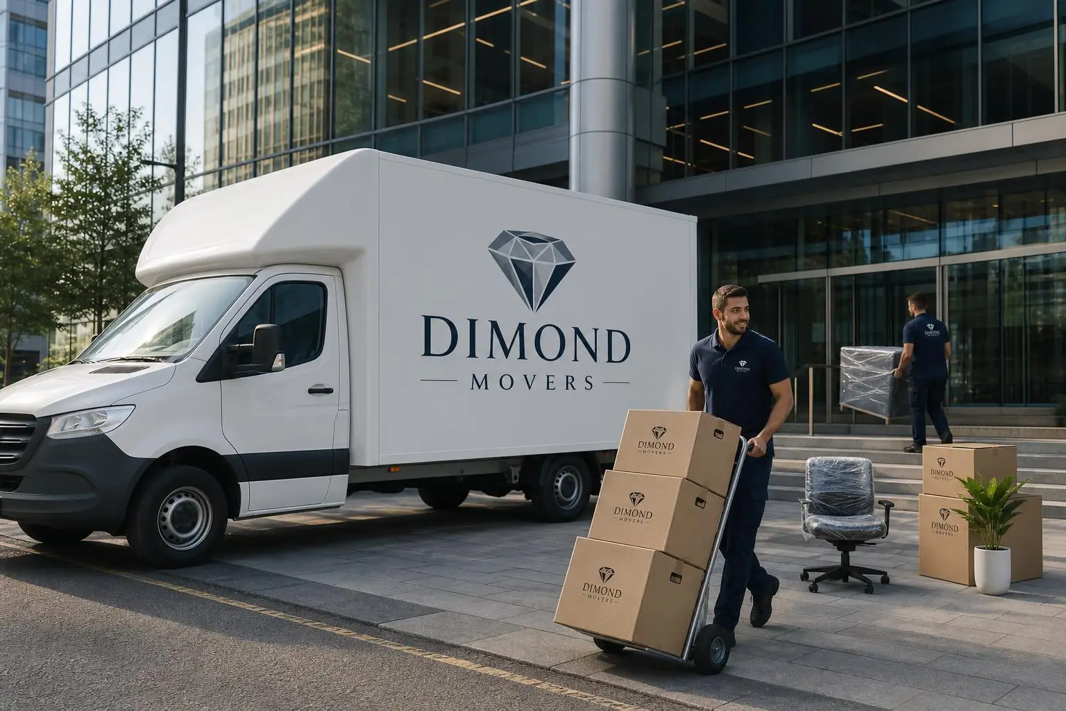 Premium overnight office relocation in London — uniformed Dimond Movers crew wheeling sealed crates from a branded Dimond Movers Luton van outside a modern glass office tower