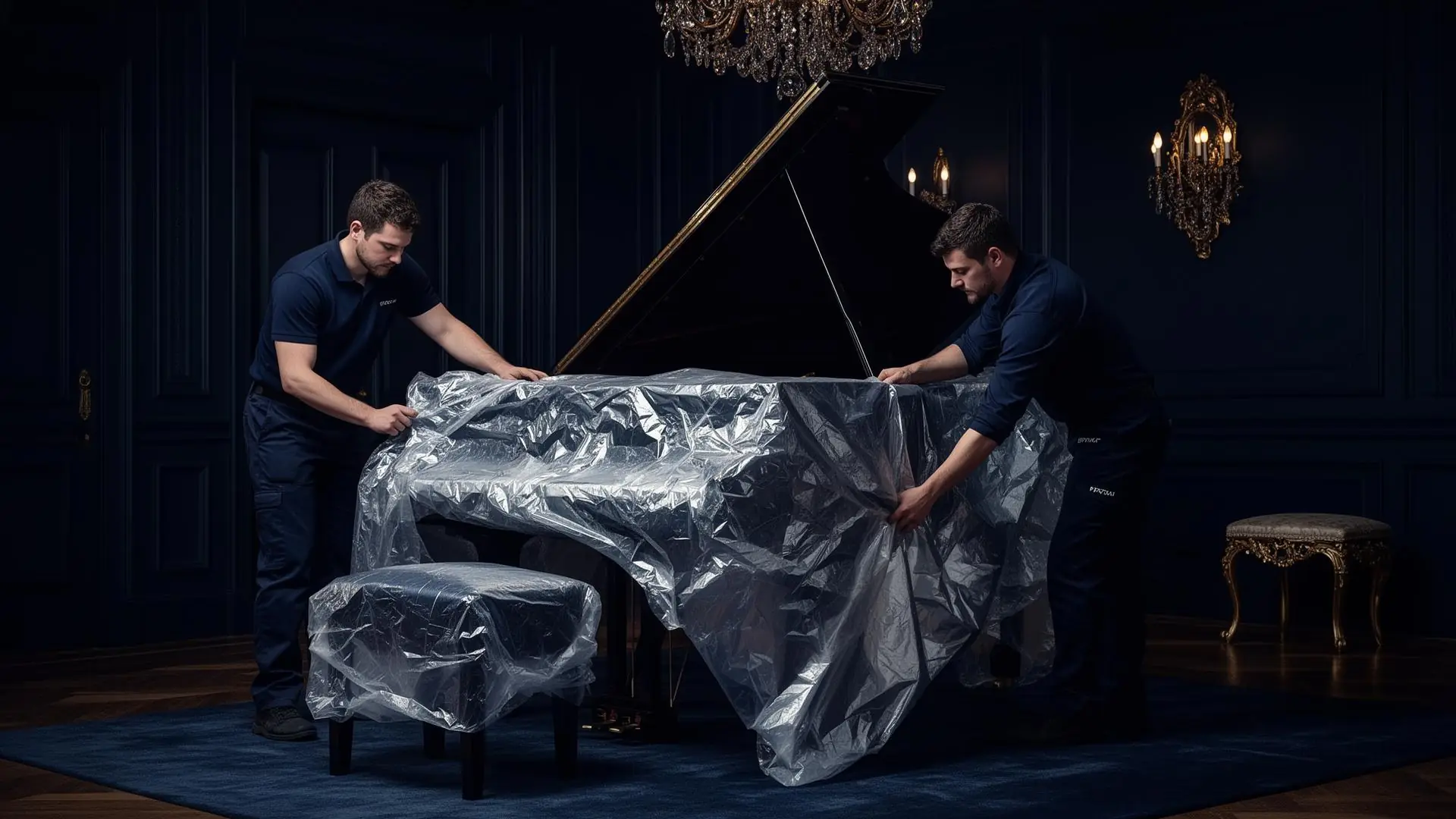 Dimond Movers specialist crew carefully wrapping a polished grand piano in climate-aware blankets before loading
